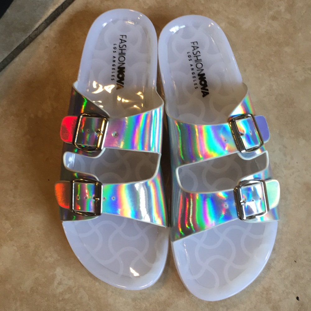 TRENDING! Fashion Nova holographic slides/sandals